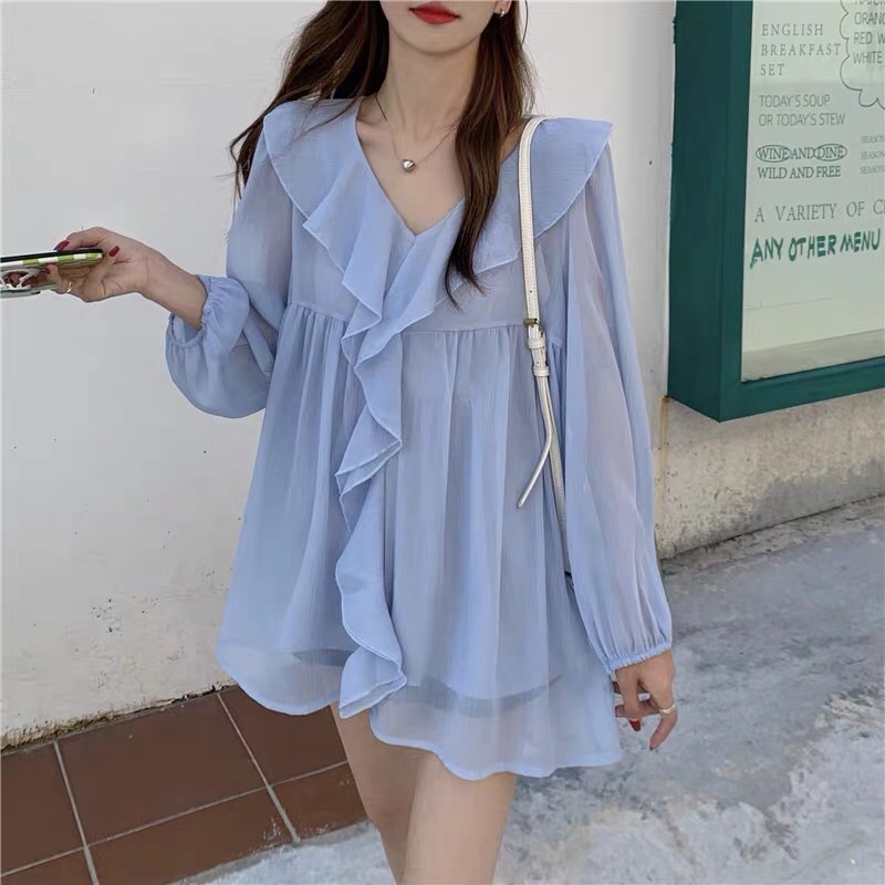 Áo voan dáng baby doll tay dài bồng cổ bèo rủ tiểu thư(CÓ ẢNH THẬT)