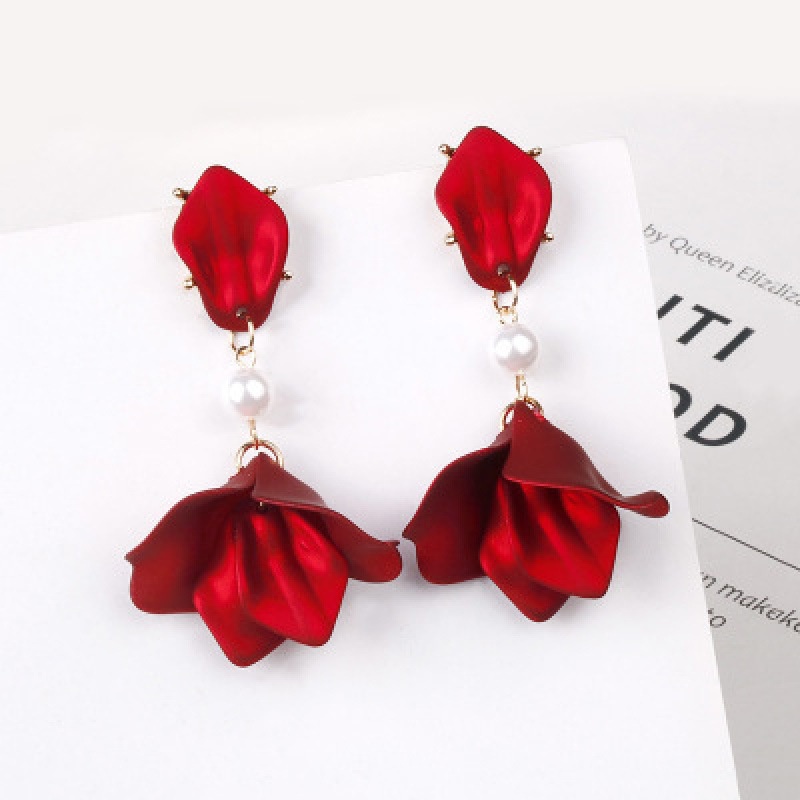 PINKDUDU Bông Tai Dáng Dài Hình Cánh Hoa Màu Đỏ Phong Cách Bohemian Thời Trang Cho Nữ PD138