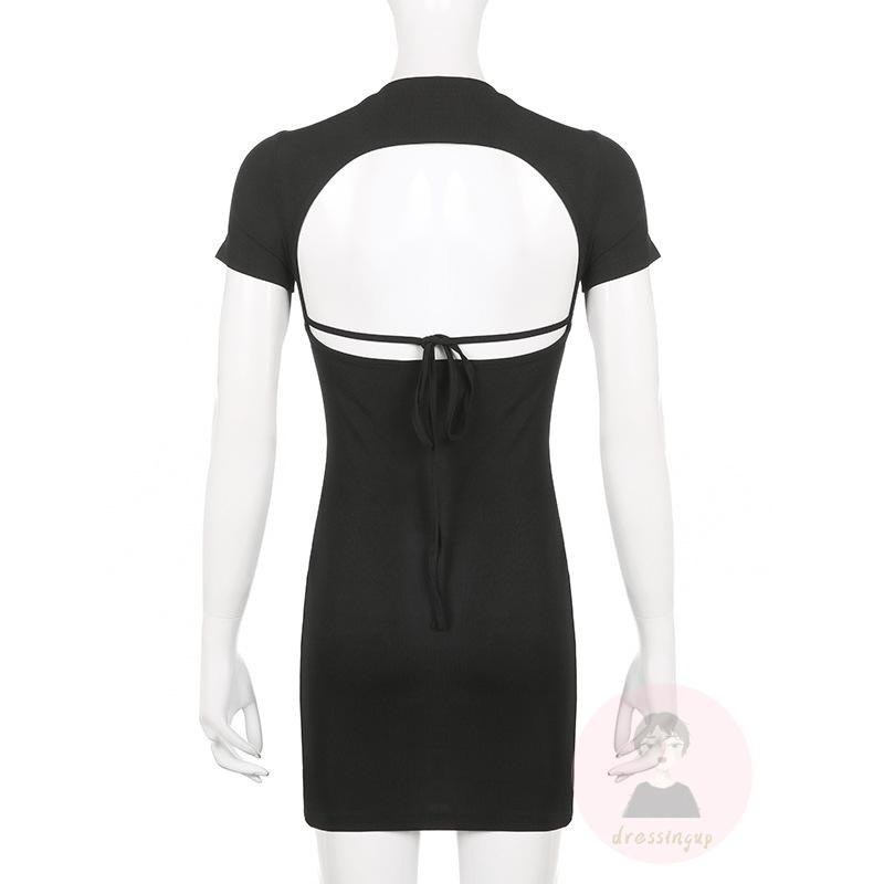 Đầm Ngắn Tay Thắt Nơ Hở Lưng Màu Trơn Thời Trang Cho Nữ