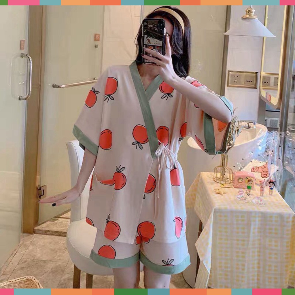 Set Bộ Pijama Nữ Dây Eo Áo Ngắn Tay Kèm Quần Short Icon So Hot | BigBuy360 - bigbuy360.vn