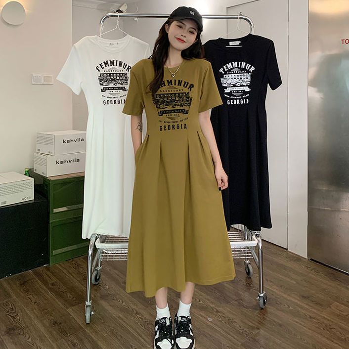 Đầm Thun Dài Qua Gối Dáng Rộng In Họa Tiết Chữ Phong Cách Mỹ Cổ Điển Thời Trang Cho Nữ