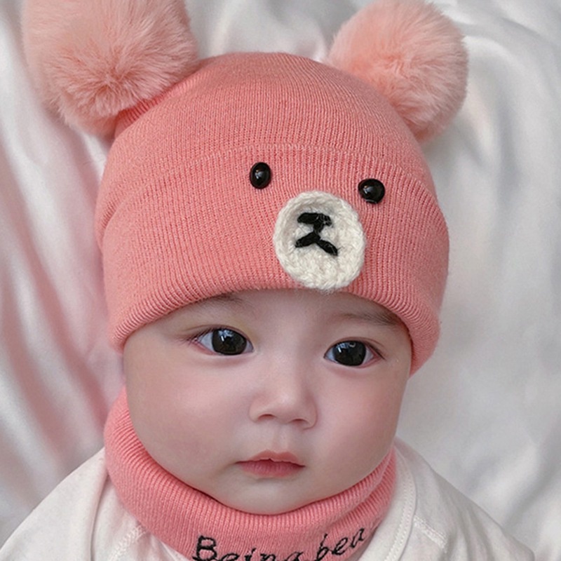 Set mũ trùm đầu kèm khăn choàng cổ dệt kim giữ ấm cho bé từ 3-12 tháng tuổi