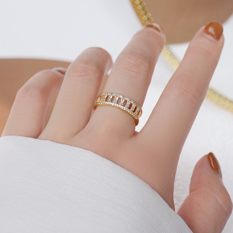 Nhẫn Hở Đính Đá Zircon Hai Lớp Mạ Vàng Thật 14K Có Thể Điều Chỉnh