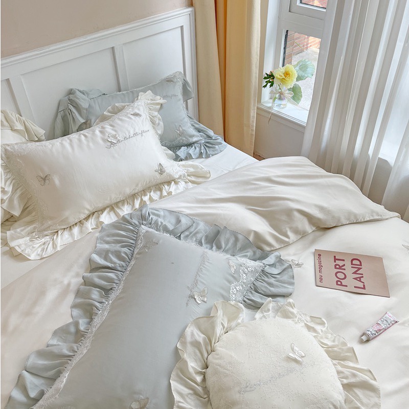 Set chăn ga gối Tencel Thiết kế Phối Viền Bánh Bèo cực Sang Chảnh, Tiểu Thư - Trắng