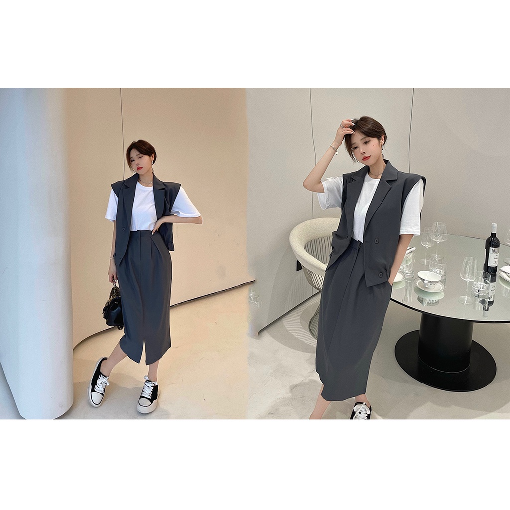 Set Áo Thun Sát Nách + Chân Váy Dài Xẻ Tà Lưng Cao Thời Trang Cho Nữ