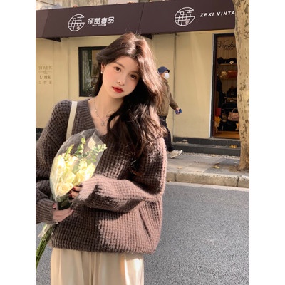 Áo Sweater Dệt Kim Cổ Chữ V Dáng Rộng Thời Trang Mùa Đông Cao Cấp Cho Nữ