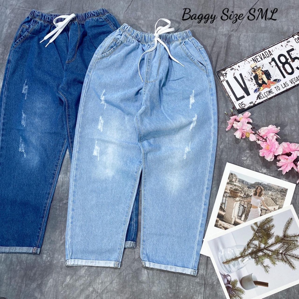 Quần jean baggy nữ lưng chun. Quần baggy có size đại