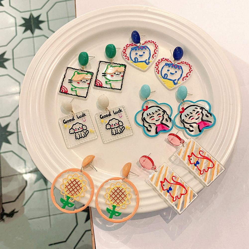 Khuyên tai hình chữ u/ hoa/ cún/ hoa hướng dương/ hình vuông/ hình tròn bằng acrylic trong suốt kiểu Hàn Quốc cổ điển