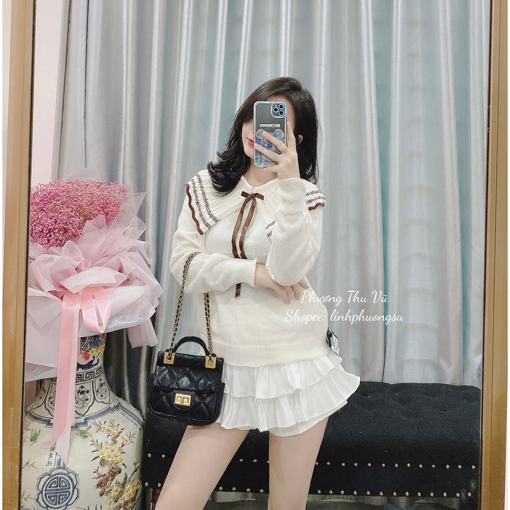 Áo len bèo trễ vai nơ ngực tông màu be - Ảnh thật tự chụp | BigBuy360 - bigbuy360.vn