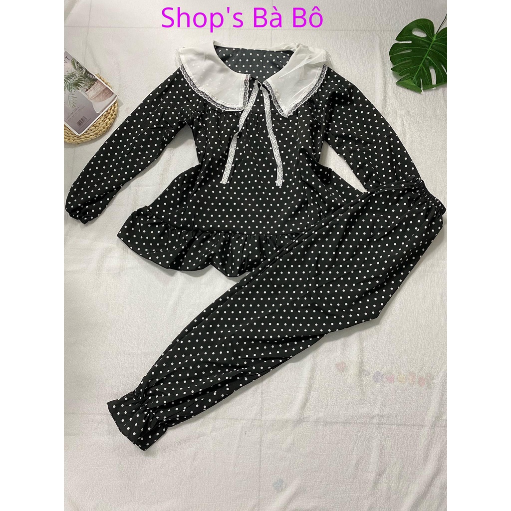 Bộ tiểu thư mặc nhà cho nữ áo cổ bèo, dài tay vải đẹp, dễ mặc, siêu xinh, nữ tính