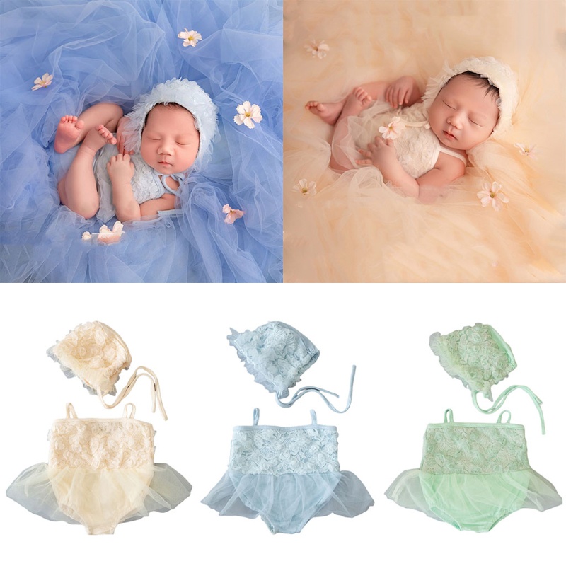 Set 2 Món Đầm Ren + Mũ Dễ Thương Làm Phụ Kiện Chụp Ảnh Cho Bé Gái Sơ Sinh