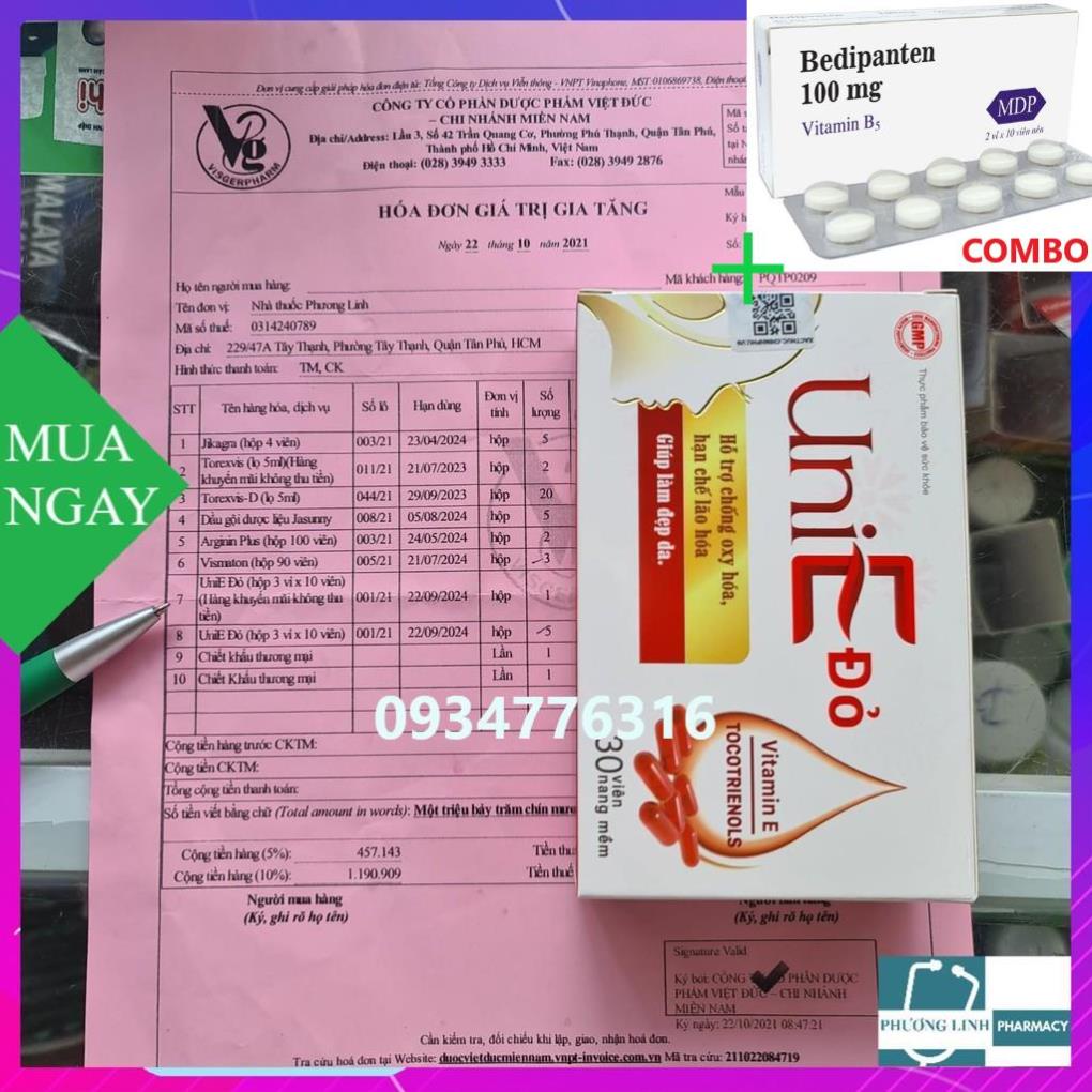Combo Bedipanten 100mg +  ✅ UniE đỏ [Hộp 30 viên] - Bổ sung Vitamin E, chống lão hoá, làm đẹp da (400UI)