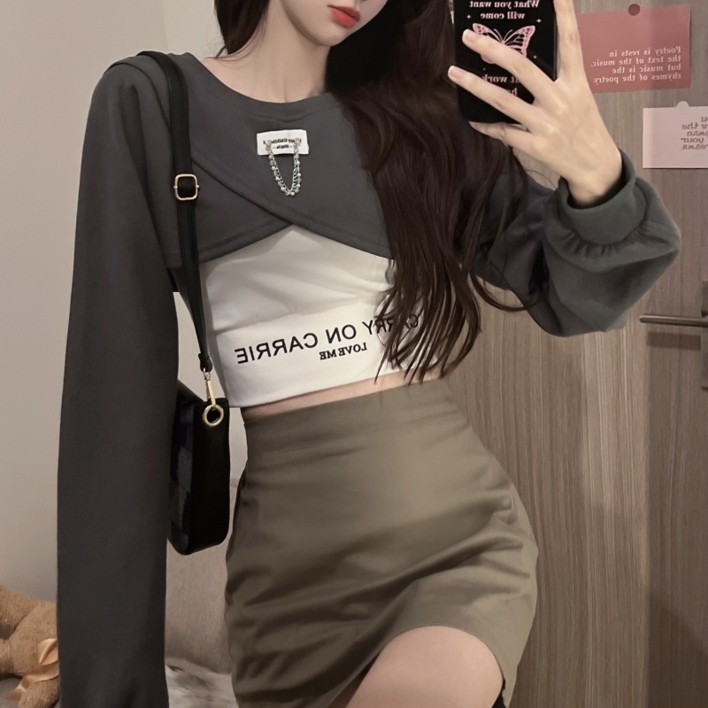 ZHELIHANGFEI Set Áo Thun Tay Dài + Quần Lưng Cao Thiết Kế Quyến Rũ