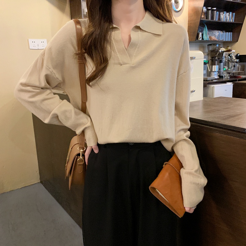 Áo ZHELIHANGFEI dệt kim tay dài cổ polo dáng rộng phong cách Nhật Bản dễ phối đồ cho nữ
