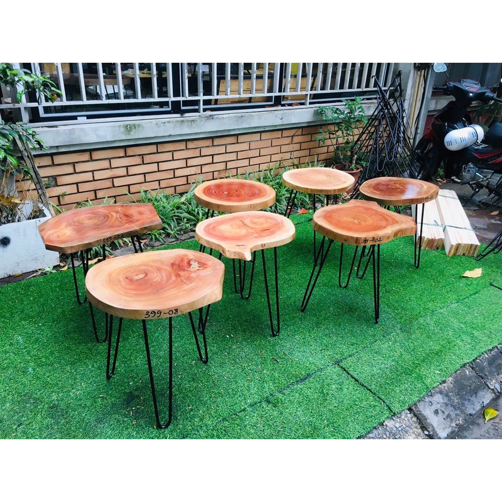 Tổng sale 35% Rẻ Nhất Bàn cafe gỗ xà cừ| Bàn trà Decor ban công gỗ xà cừ  - Chân hairpin cao 40 - 50cm