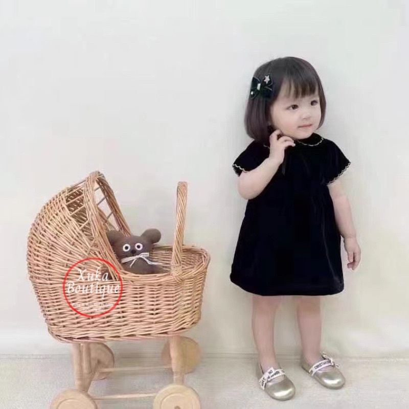 Váy Bé Gái Cộc Tay SOFT COTTON Cao Cấp Nhung Đen Cho bé 1 - 8 tuổi (ảnh thật)