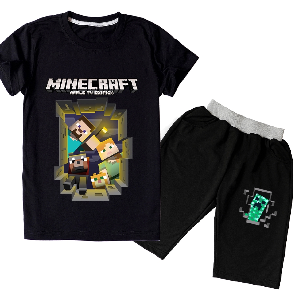 Set Đồ Mùa Hè 2 Món Gồm Áo Thun Cotton Tay Cộc + Quần Short In Họa Tiết Hoạt Hình Minecraft Cho Bé Trai / Gái