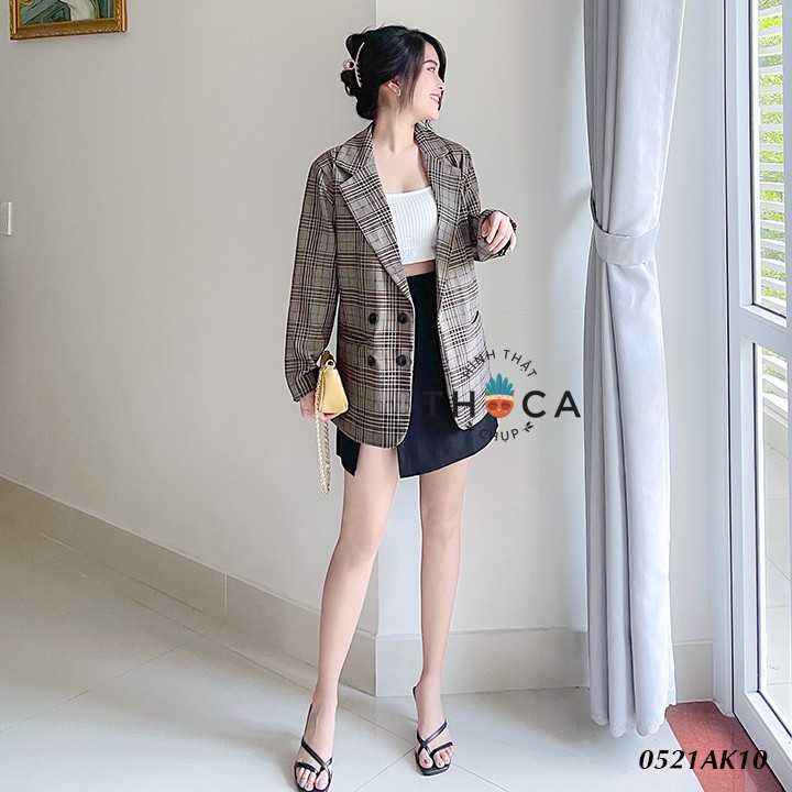 Vest nữ blazer túi mổ nút caro nâu THOCA HOUSE chuẩn form vải cao cấp, hàng may thiết kế