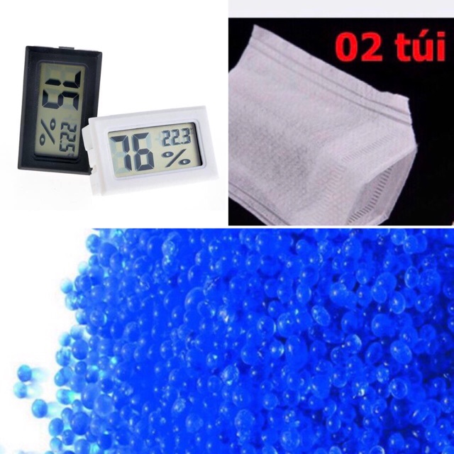 Combo 100g hạt hút ẩm xanh,ẩm kế tặng túi đựng hạt