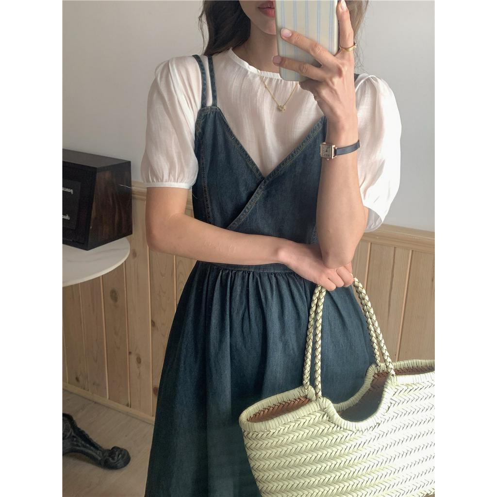 Váy Yếm Denim Cổ Tròn Thời Trang Hàn Quốc Đơn Giản 63851