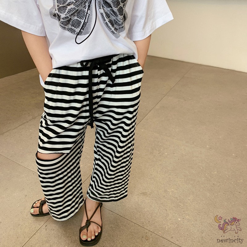 Quần Dài Ống Rộng Lưng Thun Họa Tiết Kẻ Sọc Thời Trang Hàn Quốc Cho Bé Gái