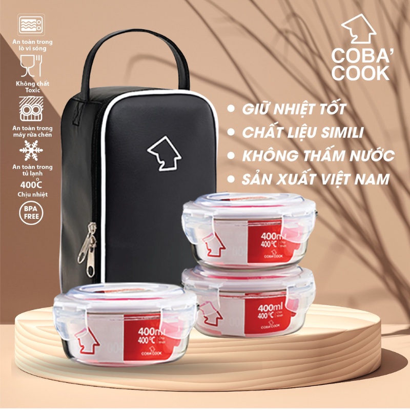 Bộ 3 hộp đựng cơm thủy tinh COBA'COOK 400ml hình tron 400ml túi simili giữ nhiệt - CCR43LS