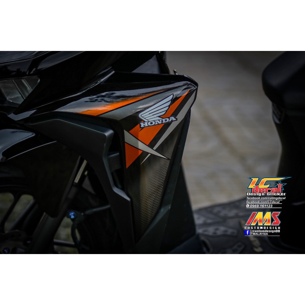 TEM RỜI cho Vario 150 đen bóng - mẫu sọc cam xám in 3 lớp chất lượng cao