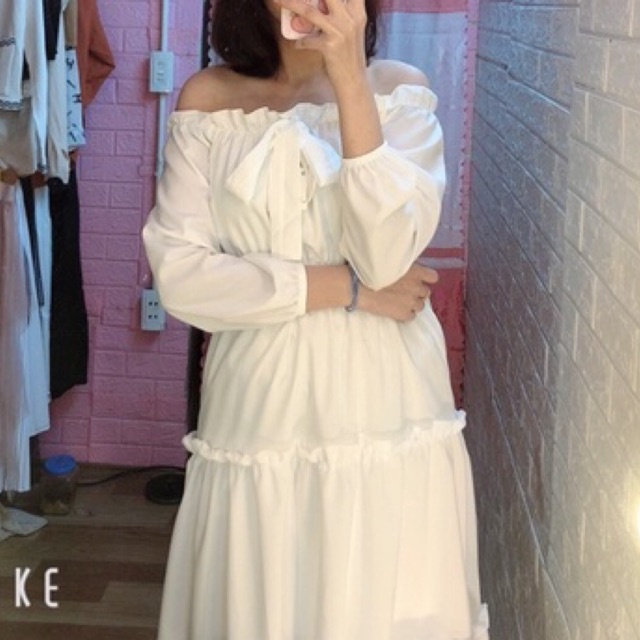 Váy Trễ Vai Nơ Tay Voan nữ - Đầm tiểu thư trắng basic trơn có lớp lót trong  vintage freesize mặc đi chơi dã ngoại tết | BigBuy360 - bigbuy360.vn