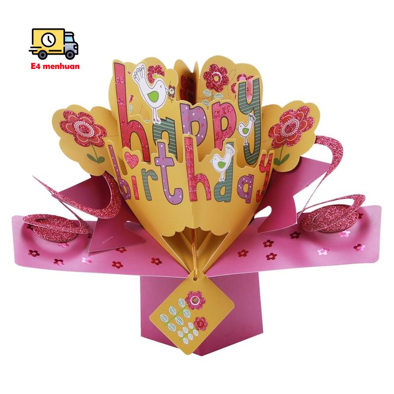 3D Happy Birthday with Flowers Pop Up Greeting Card Handmade Gift Card for Birthday Blessing Card