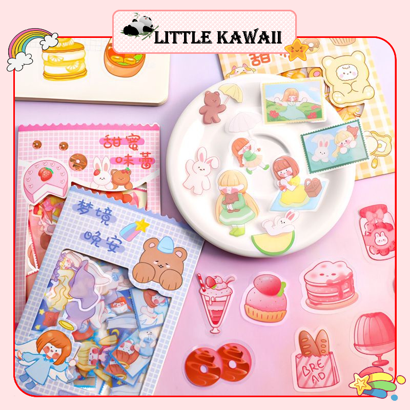 Set 45 miếng sticker hình dán hoạ tiết hoạt hình gấu &amp; thỏ dễ thương