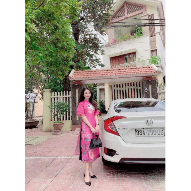 ÁO DÀI OGANZA TƠ HỒNG TAY ĐÔI TIỂU THƯ - KÈM ẢNH THẬT