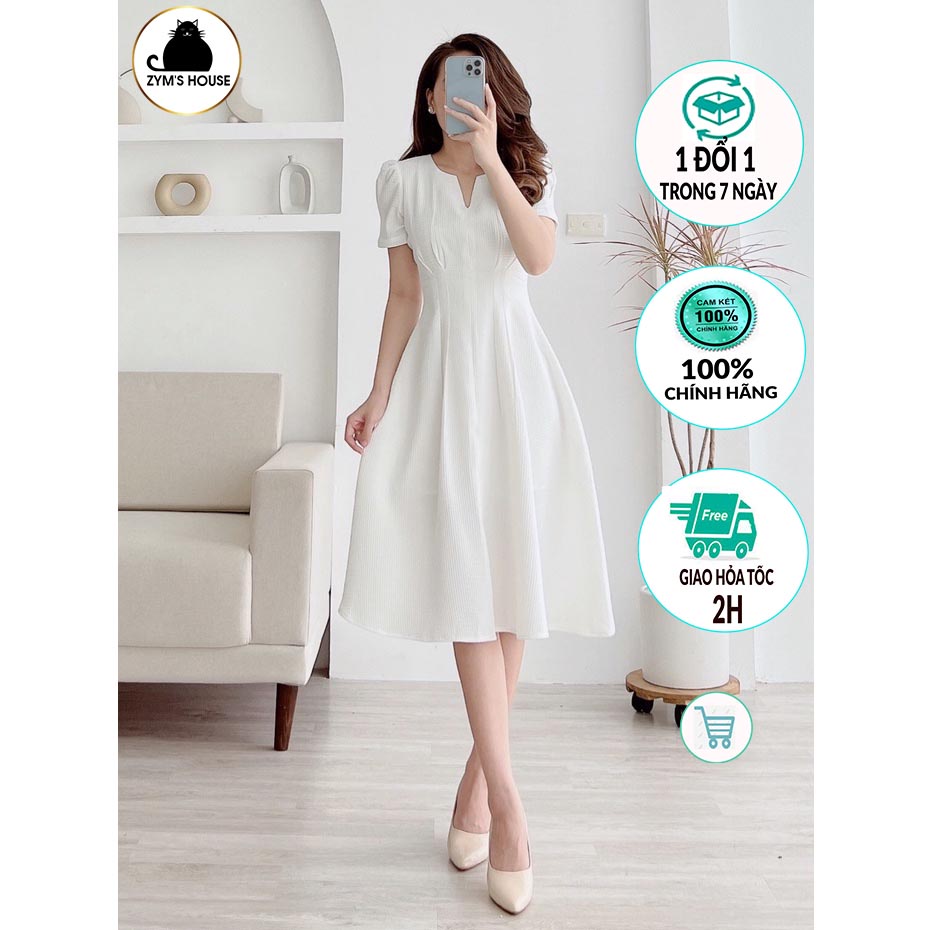 Váy xòe trơn cố V chất xốp xếp ly eo xẻ trước ZYM'S HOUSE K1583, K1614