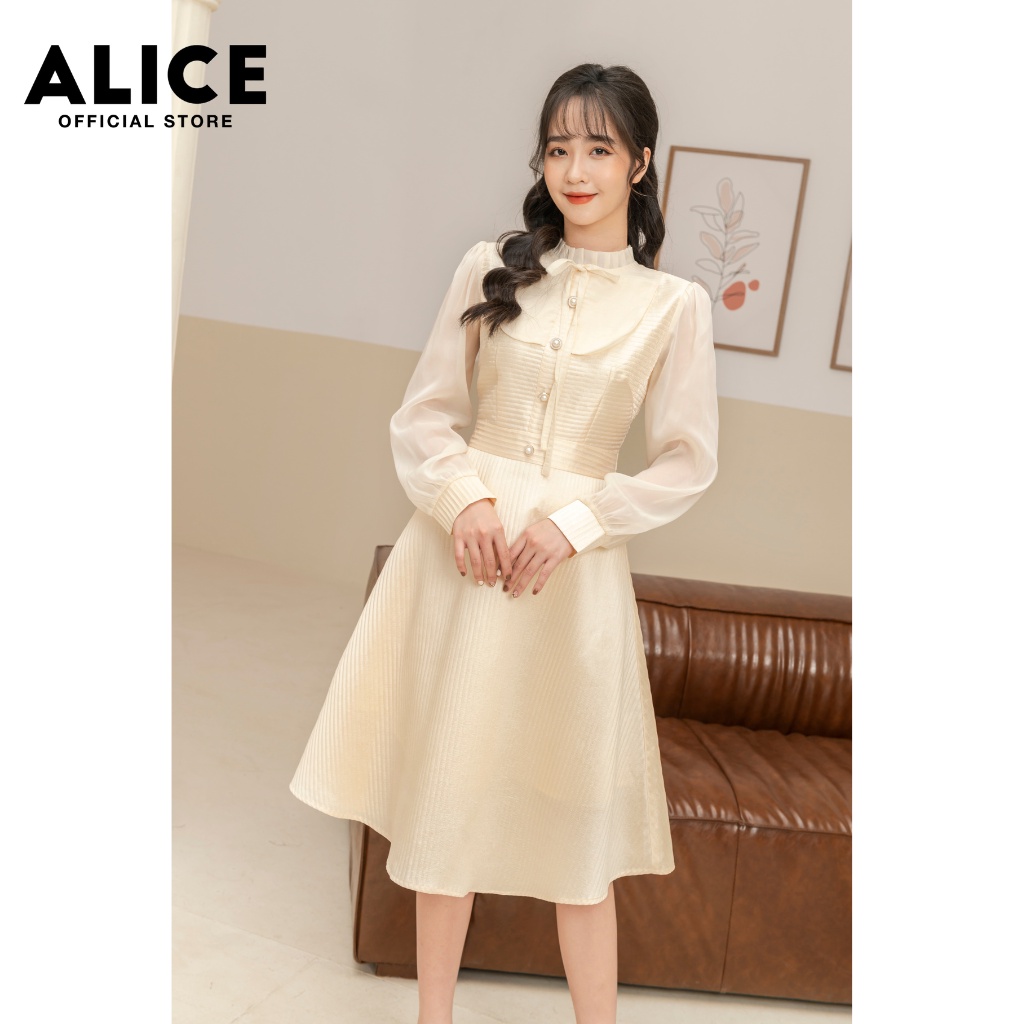 Váy Dự Tiệc Sang Chảnh ALICE Thiết Kế Dài Tay Tiểu Thư Eo Dập Ly Phối Tơ Lụa V739 | BigBuy360 - bigbuy360.vn