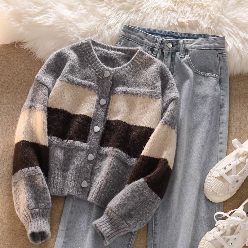 ÁO LEN CADIGAN PHỐI MÀU KẺ CHO NỮ -Hàng qccc