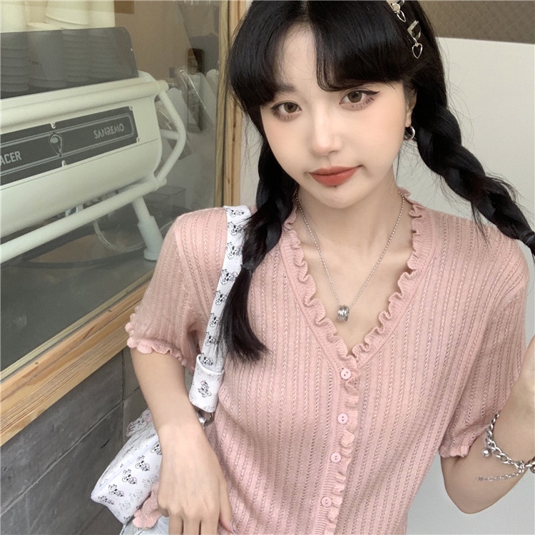 【ZHELIHANGFEI】 Áo Thun Cardigan Dệt Kim Lụa Lạnh Mỏng Tay Ngắn Cổ Chữ v Thời Trang Mùa Hè 2022 Phong Cách Mới Ngọt Ngào Cho Nữ