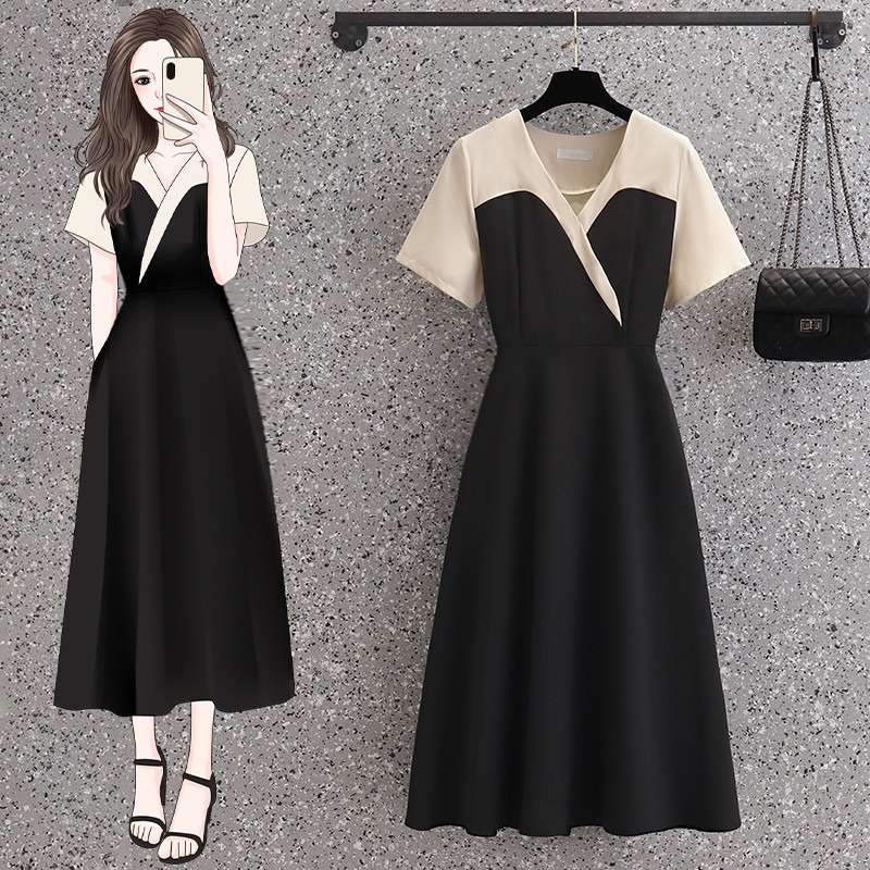 🌸Hàng Order(Sẵn XL)🌸 Váy Bigsize Cổ V Dáng Dài Phối Màu Trẻ Trung Thanh Lịch🌸Hàng Quảng Châu
