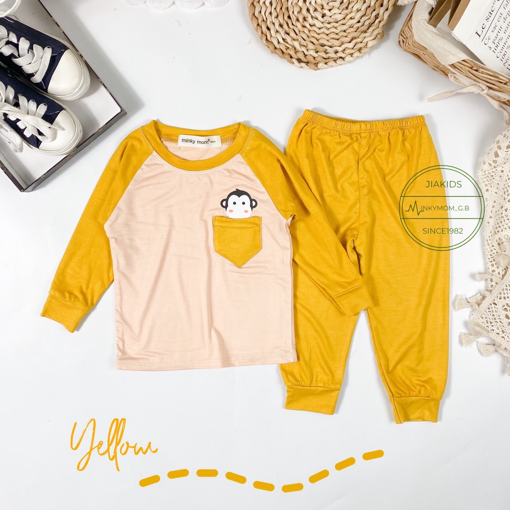 Đồ Bộ Dài Tay Bé Trai, Bé Gái Minky Mom Vải Thun Lạnh Tay Viền Màu Túi Ngực, Hình Con Vật, Bộ Mặc Nhà Cho Bé - AN.KID