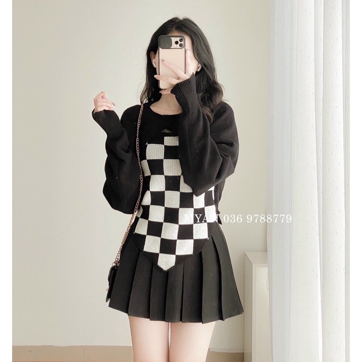 Set áo len nữ ulazang gồm áo khoác ngoài mix áo 2s tam giác kẻ caro