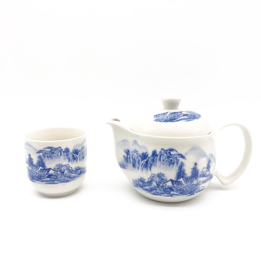 Bộ ly tách ấm trà có họa tiết phong cảnh phong thủy gốm sứ màu xanh