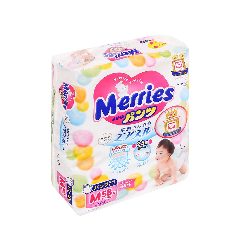 Bỉm/Tã quần Merries size M 58 miếng (cho bé 6-11kg)