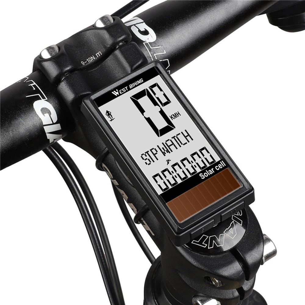 WEST BIKING Pin năng lượng mặt trời Máy tính không dây Xe đạp tự động BẬT / TẮT Đồng hồ tốc độ đi xe đạp Đồng hồ đo tốc