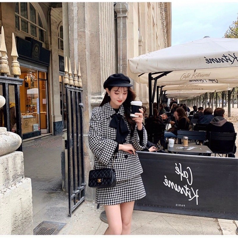 SÉT ÁO KHOÁC DẠ MIX CHÂN VÁY KẺ