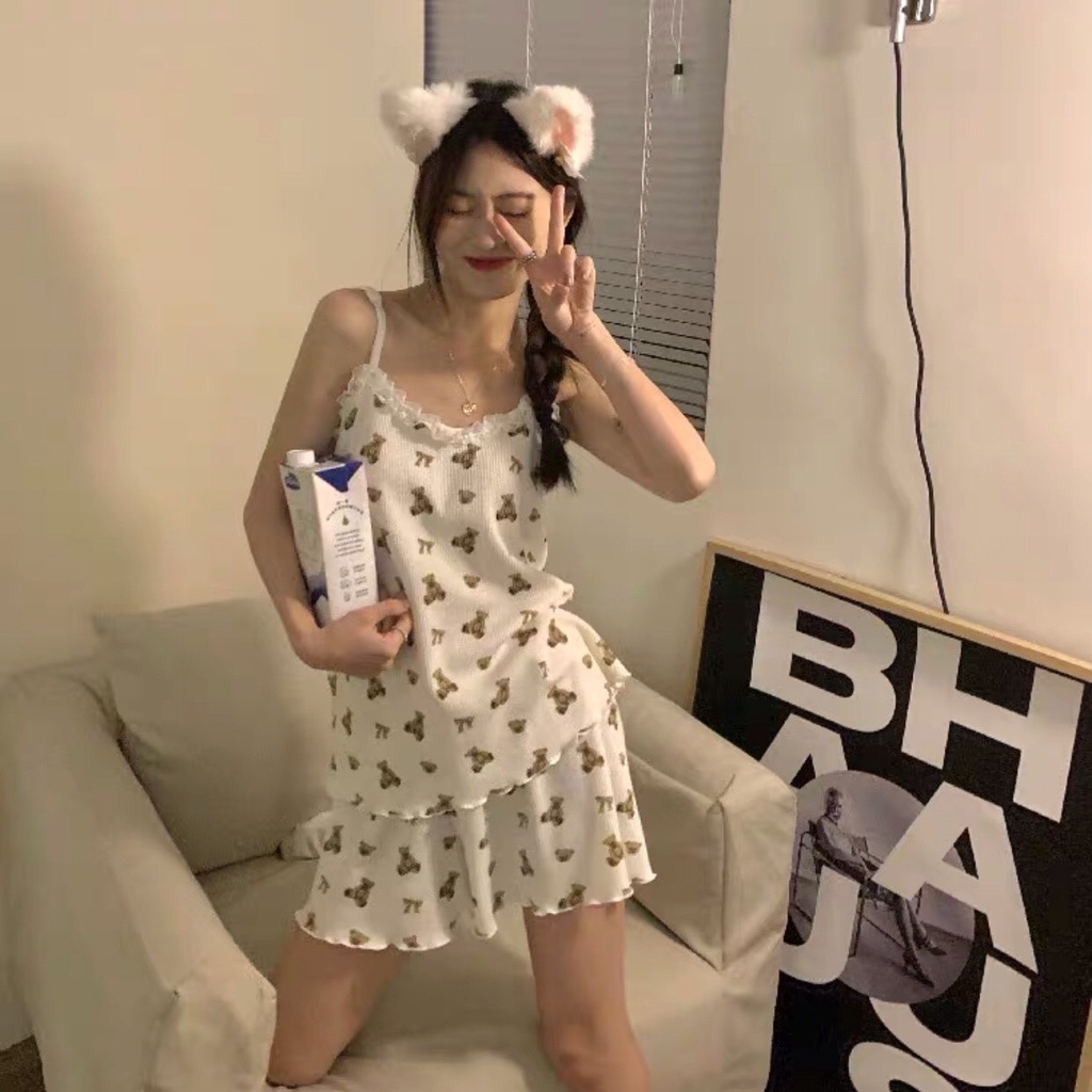 Bộ Áo 2 Dây Viền Ren Quần Short Họa Tiết Gấu Vàng 🦋 Set Quần Áo Ngủ Nữ Chất Borip Tăm Be Nude