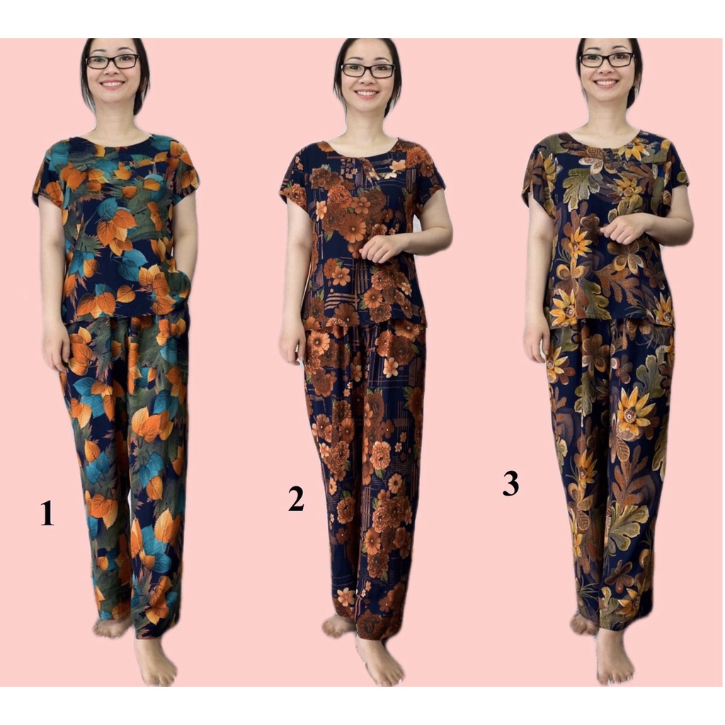 Bộ mặc nhà trung niên quần dài tay ngắn, lanh nhung dài
