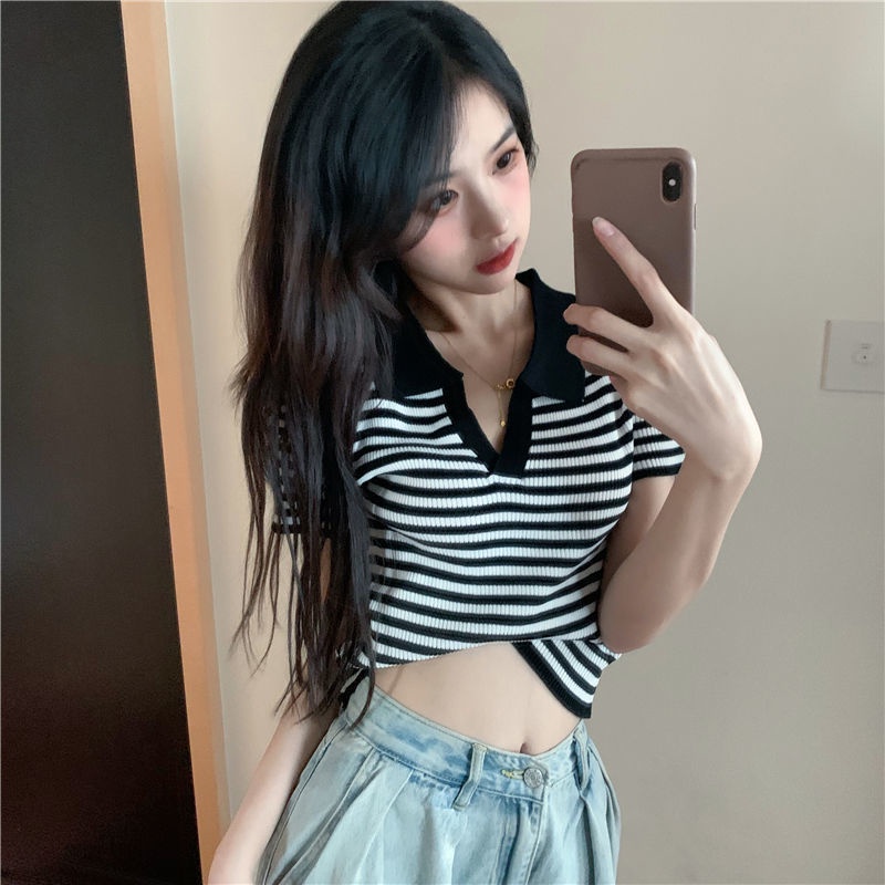 Áo thun BH tay ngắn họa tiết kẻ sọc thiết kế mới thời trang mùa hè theo phong cách Hàn Quốc cho nữ