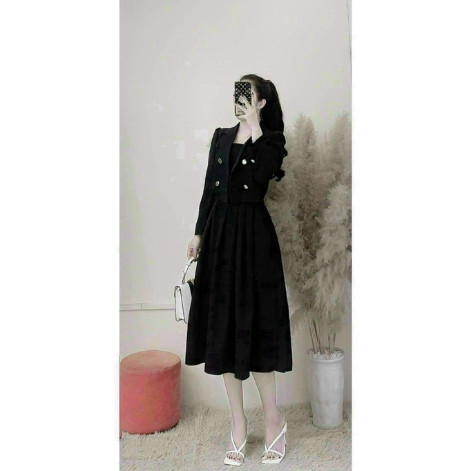 Sét Đầm 3 Món Áo Cổ Vest Phối Nút , Đầm Dài Dáng Xòe Chất For Có Mút Ngực Mặc Đẹp Dáng Xinh [NEW UNISEX]