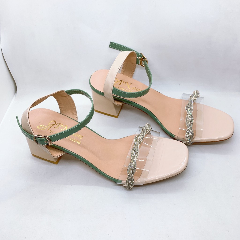 Giày sandal cao gót vuông 5p quai trong kết xoàn xoắn