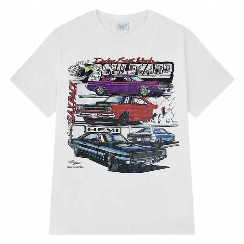 Áo phông - Áo thun nelly form rộng màu trắng tay lửng in hình xe 100% cotton