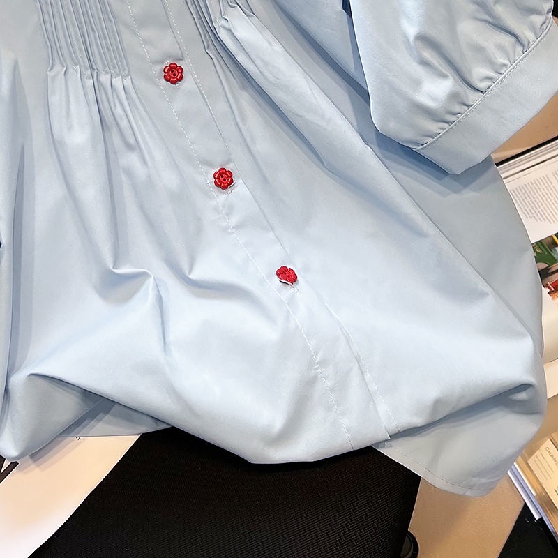 Áo Sơ Mi Tay Ngắn Phồng Cổ Búp Bê Màu Xanh Dương Thời Trang Mùa Hè Cho Nữ