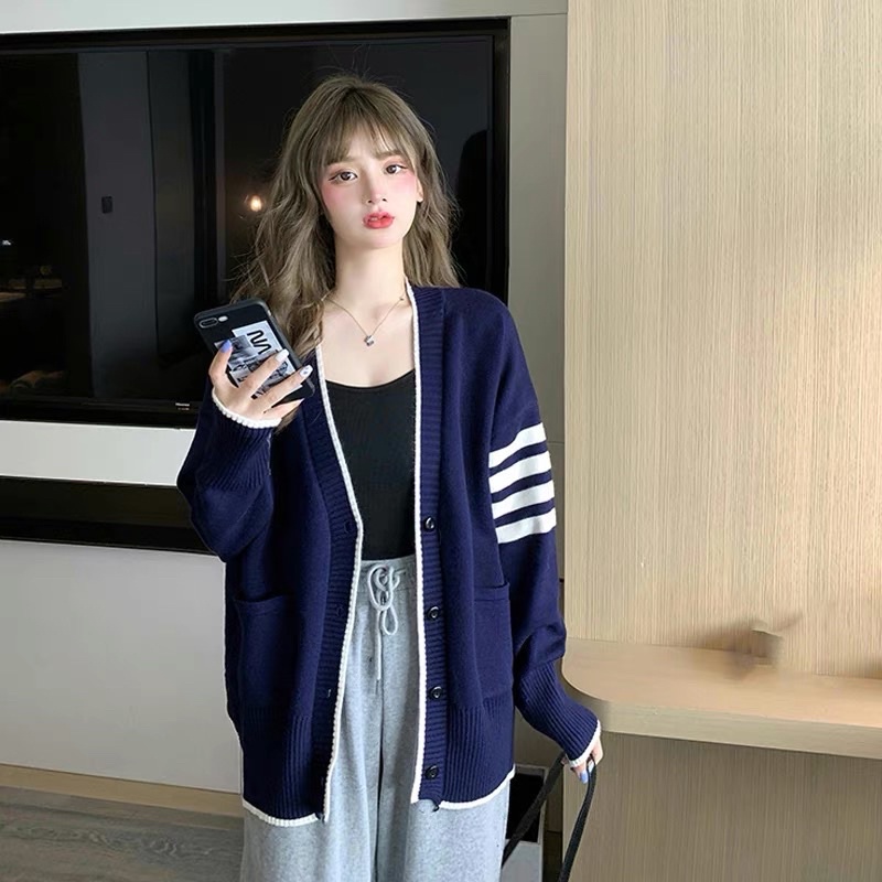 Áo khoác cardigan len dệt kim mềm mịn viền sọc cài khuy style Hàn
